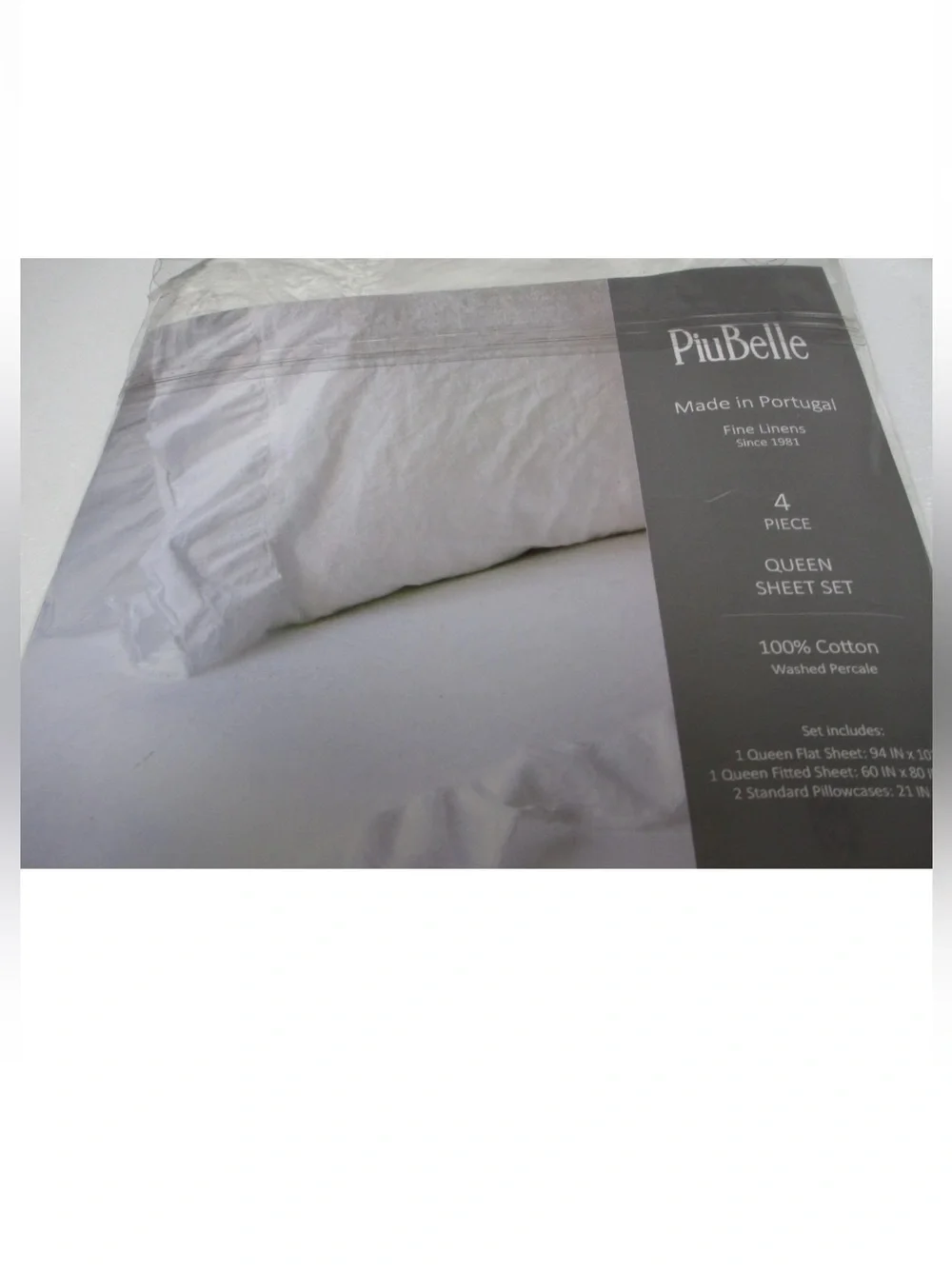 NWT PiuBelle Washed Percale Cotton 4Piece Queen Sheet Set Ruffled Shabby Cottage